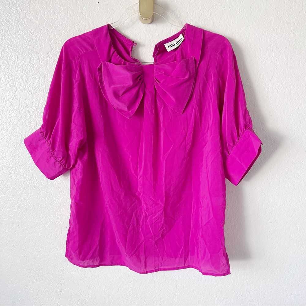 Miu Miu Fuchsia Bow Neck Short Sleeve Blouse